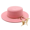 Pink flat top straw sun hat for women featuring beaded brown leather band and feathers - M (56-58cm) / Dusky Pink