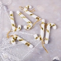 Set of six white Christmas candy cane ornaments with gold stripes and hanging strings - Bulk Packaging / Gold