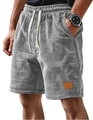 Detail of gray waffle knit texture and white drawstring on men's casual shorts - M / Bottoms / Gray