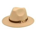 Detailed texture of beige wool fedora hat with brown leather band and gold metal chain - M (56-58cm) / Beige