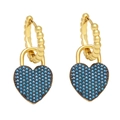 Fashionable gold heart lock earrings with blue zircon pavé crystals for women - Turquoise