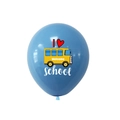Blue Welcome Back to School latex balloon with yellow school bus and heart print design - Blue