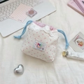 Close-up of lace edge on a pink star pattern cotton drawstring pouch with decorative patch - Wrinkled Cloth Pink Star