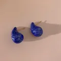 Royal blue hollow teardrop earrings with gold stainless steel and enamel marbling - Royal Blue (KDE2675)