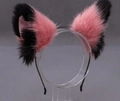 Handmade pink and black fluffy cat ear headband for Lolita cosplay on a display stand - Watermelon Red and Black