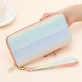 Handheld gradient rainbow clutch wallet with textured finish and gold zipper strap - Single Zipper / Pink