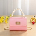 Pink crocodile pattern mini jelly bag with pearl handle and gold chain strap - Pink