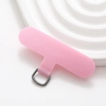 Close-up of pink nylon T-shape phone lanyard tether tab with grey metal D-ring attachment - Light Pink