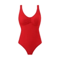 Costume intero rosso in tessuto seersucker con profondo scollo a V e spalline larghe - S / Rosso