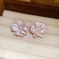 Macro shot of pink camellia stud earring with pearlescent resin petals on jewelry box - 13# Pearlescent Pink 3D Flower Stud Earrings (Silver Earring Post)