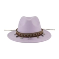 Detailed view of lavender wool felt fedora with ethnic woven band and coin pendants - 58cm / Violet