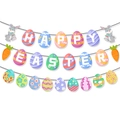 Detailed view of Happy Easter paper banners with colorful eggs, rabbits, and carrots - Easter Egg Banner and Garland Set