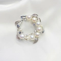 Silver wreath brooch with natural freshwater pearls and crystals on white silk - Leaf Multi-Pearl Silver Circle