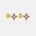Detail of clover stud earrings with purple zircons and secure gold screw ball backings - 925 Silver / Gold (Purple Stone)