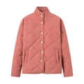 Detail view of pink quilted puffer jacket featuring a stand collar and diamond pattern - S / Pink