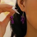 Vintage grape cluster drop earrings with purple beads and green leaves in golden finish - Purple Grape (6744)
