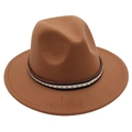 Detailed view of brown wool fedora hat with star pattern black decorative band - M (56-58cm) / Khaki