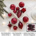 Set de 12 adornos burdeos para árbol de Navidad con estrellas y piñas en caja de regalo - Rojo Vino/Caja