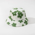 Detail view of plush faux rabbit fur bucket hat with cute green floral patterns - M (56-58cm) / Green
