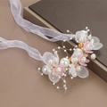 Floral bridal headband with pink and white petals, pearls, and gold leaf accents - Pearl Flower Bracelet-Pink