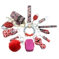14-piece self-defense keychain set with leopard rhinestone alarm and plush ball - Heart