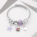 Silver beaded bracelet with purple crystals and charms like swan and starfish - C2-002 Purple