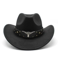 Black western cowboy felt hat with leather strap, metal studs and bull head ornament - M (56-58cm) / Black