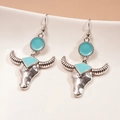 Vintage bohemian style bull head drop earrings with turquoise enamel on silver base - Blue