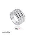 Polished silver wide ribbed ring in size US 7 featuring a triple-layered textured design - US 7 / Triple Layer Silver (T302)