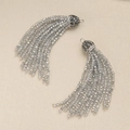 Macro shot of 2mm grey crystal bead tassel earrings with rhinestone caps and metal rings - Silver