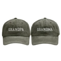 Detail of Grandma and Grandpa embroidery on retro washed dark green cotton baseball caps - GRANDPA & GRANDMA (2 Pcs Set) / Dark Green