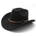 Detalle de sombrero vaquero negro con banda de cuero marrón y hebilla dorada de herradura - Negro (Gamuza)