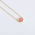 Gold chain necklace with pink flower oil-drop pendant and cubic zirconia center - Rose Red
