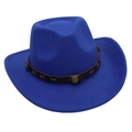 Detail of royal blue wool felt cowboy hat with brown faux leather belt and metal studs - Royal Blue (with Decorative Band)