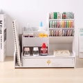 White wooden desk organizer with multi-compartments and drawers for skincare and jewelry - Multi-Grid Pen Holder With Drawer