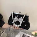 Bolso de noche negro con cuentas, lazo de strass plateado y asa de perlas - Negro