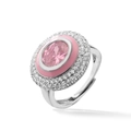 Bague ouverte en argent avec pierre rose ovale, émail rose et détails en cristal - Forme Ovale / Argent Rose Émail Ovale