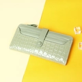 Light green crocodile pattern long wallet for women with multi-card slots and strap - Long Style / Green