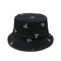 Detail of pink embroidered bows on black denim fisherman hat with twill fabric texture - M (56-58cm) / Black