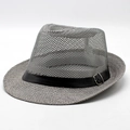 Detail van grijze Panama-hoed met ademend mesh en zwart lederen band voor de zomer - M (56-58cm) / Grijs