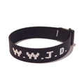 Detail of woven fabric wristband featuring white WWJD letters and a black plastic buckle - Black Printed