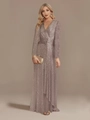 Elegant long sleeve V-neck champagne sequin evening gown with a fishtail waist knot - US size 2 / Bottoms / Space Gray
