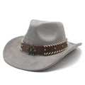 Grauer Cowboyhut aus Wildlederimitat mit braunem Lederband und Metallschnalle - M (56-59cm) / Graues Wildleder