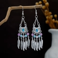 Bohemian silver earrings with blue turquoise and pink beads with hanging feathers - Blue Silver (E4750-3)
