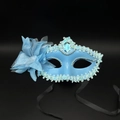 Venetian style light blue masquerade mask with floral lace and blue gemstone detail - Blue