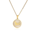 Golden family pendant necklace with mother of pearl inlay and family silhouette on white background - Family of Four Gold Disc Necklace