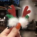 Cute Christmas hair clips with red glitter reindeer antlers and white pom-poms for girls - 15# Red Glitter Antler Clip with Green Leaves & White Fur