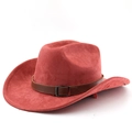Detail eines Western-Cowboyhuts aus ziegelrotem Filz mit braunem Lederband und Metallschnalle - M (56-58cm) / Ziegelrot