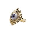Gold plated ring featuring a purple and white cubic zirconia Maya's eye design on white base - Purple