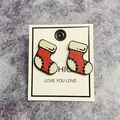 Christmas stocking wooden earrings in vibrant red and white finish on display card - Christmas Sock